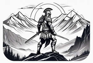 Spartan Warrior Wielding A Sword Surrounded By Mountains Tattoo Idea tattoo idea