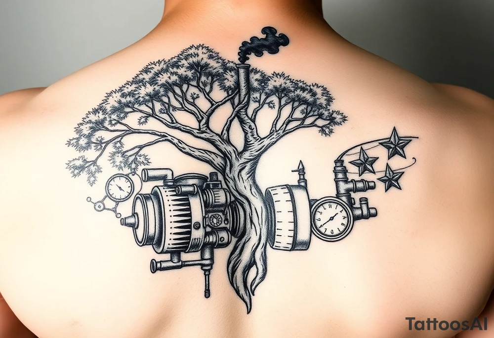 tree growing out of a v shaped engine with lots of pipes, guages and steam around the engine 
 with a smoke stack coming out of the top 
 billowing black smoke as if the tree and engine were a flying machine flying through the air 
 with an extreme steam punk vibe tattoo idea