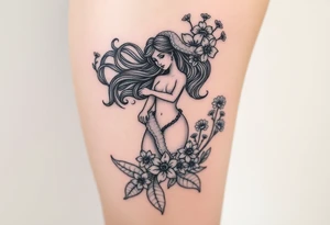 ethereal mermaid with flowing hair among coral and sea flowers and snakes tattoo idea