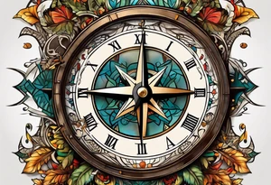 half compass half clock with arrow in the middle; nature on one side, cityscape on one side tattoo idea
