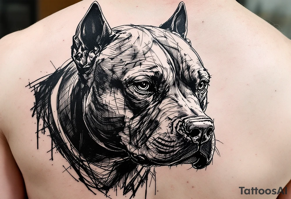 Sketch-Style Staffbull Portrait
Black ink sketch-style drawing of a Staffbull’s face. Raw lines, shading, and crosshatching give it an artistic, unfinished look. tattoo idea