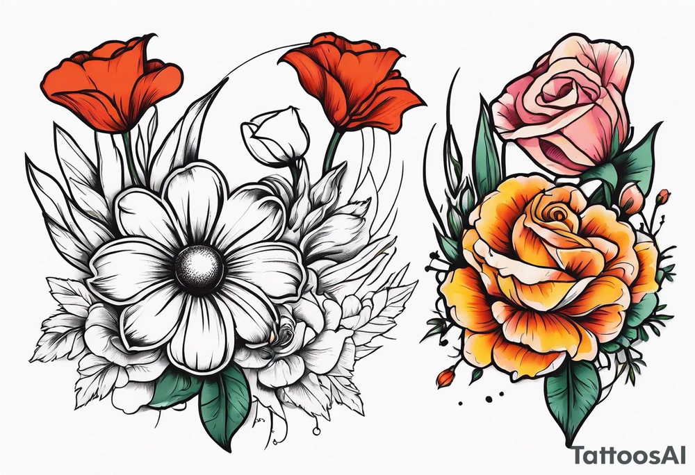 A daisy and a rose with gladiolus flowers and poppies weaving through tattoo idea