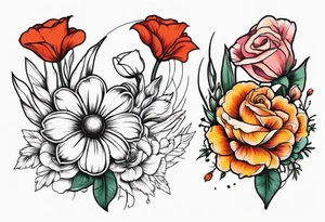 A daisy and a rose with gladiolus flowers and poppies weaving through tattoo idea