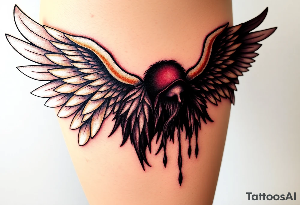 Seraphim angel, with brilliant white wings that shine with golden accents and divine light, is contrasted with a fallen angel, whose wings are tattered and darkened with deep purples, reds, and blacks, dripping with sorrowful tears of blood. tattoo idea
