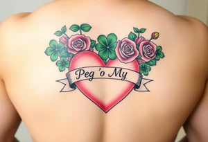 Bunch of Green shamrocks & a few red roses with a big Pink heart and a banner across the heart that says " Peg 'o My Heart" tattoo idea
