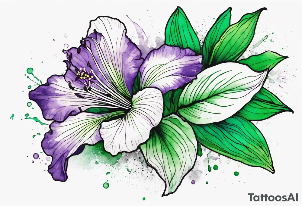 An outline of a rio dipladenia flower with a mystical green/purple watercolor splash in the background tattoo idea