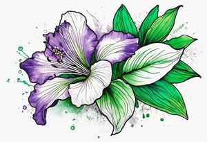 An outline of a rio dipladenia flower with a mystical green/purple watercolor splash in the background tattoo idea