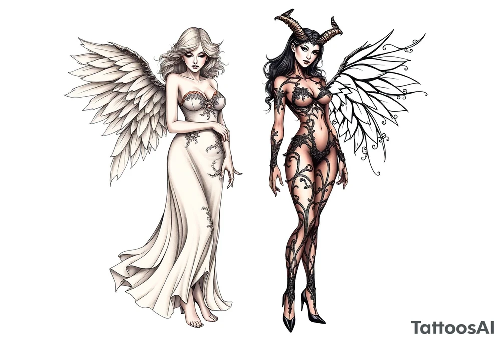 🔥 Dual Tattoo Concept: Angel & Demon – Sexy and Symbolic

Left Side – Angel (Engelin):
A sensual, barefoot angelic woman with soft, flowing hair and serene, open eyes gazes downward with calm strength. Her wings are large, feathered, and gracefully arched. She wears an elegant gown made of delicate, nature-like textures, blending floral and leaf motifs across her bodice and arms. The long dress flows like wind-swept silk, giving a sense of movement and grace. Her posture exudes calm power and divine femininity. She is barefoot, standing lightly as if floating—symbolizing purity, serenity, and grounded spirituality.

Right Side – Demoness (Teufelin):
A striking, seductive demoness with high heels and a confident stance radiates dark power and fierce sensuality. Her body is wrapped in an organic, flame- and thorn-like armor that clings to her form. Her skin appears almost sculpted with dark ornamental patterns. She has sharp horns, long hair, bat-like wings with torn edges, and a long, sinuous tail curling around her leg. Her expression is bold and alluring, eyes closed as if relishing her power. She stands tall in spiked heels, embodying chaos, desire, and strength.

⸻

🌓 Tattoo Style Suggestions:
	•	High-detail black-and-grey realism
	•	Placement: back piece, thighs, or dual shoulder blades
	•	Themes: Good vs Evil, Light vs Dark, Feminine Duality, Temptation vs Grace tattoo idea