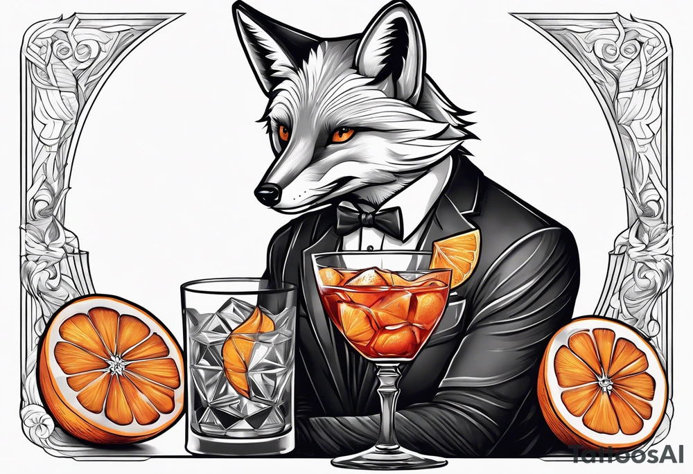 Adult male silver fox holding a Negroni in a lowball cocktail glass with an orange peel looking straight forward tattoo idea