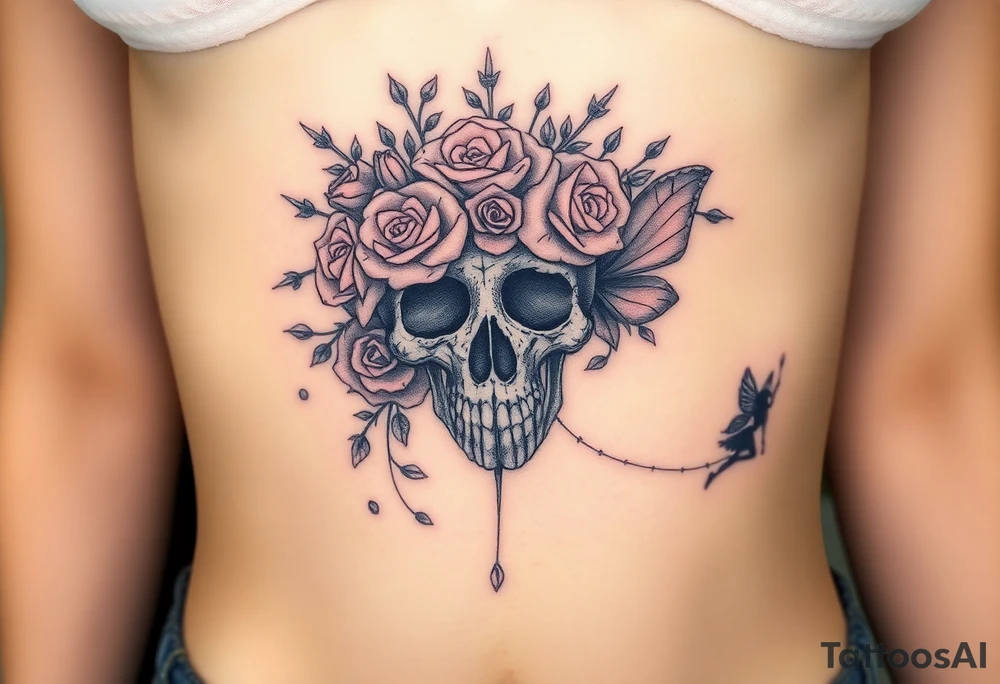 ornate skull adorned with crown of wild roses and thorns with a beautiful fairy with a young fairy following behind tattoo idea