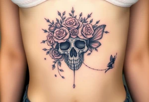 ornate skull adorned with crown of wild roses and thorns with a beautiful fairy with a young fairy following behind tattoo idea