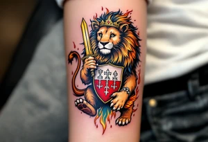 A Czech lion holding a golden sword in one paw and a shield with the national emblem in the other, surrounded by medieval-style flames. tattoo idea