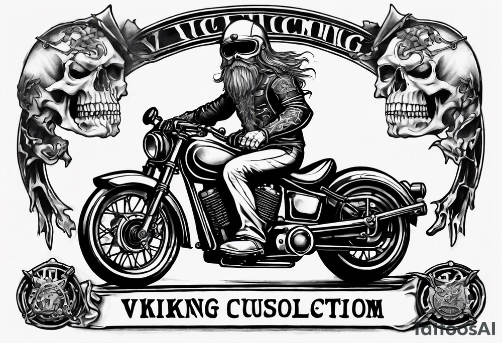 i want a tattoo of a motorcycle from the front view being ridden into the distance by a skeleton and the number plate to say “Viking Customs” tattoo idea