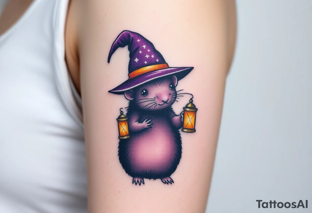 A magical mole wearing a wizard’s hat, holding a tiny glowing lantern, with deep purple and gold hues tattoo idea