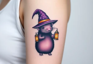 A magical mole wearing a wizard’s hat, holding a tiny glowing lantern, with deep purple and gold hues tattoo idea