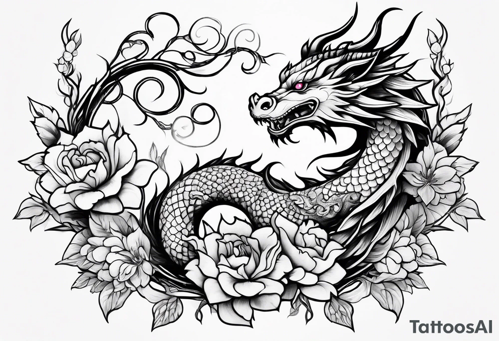 Feminine dragon on forearm with vines and flowers tattoo idea