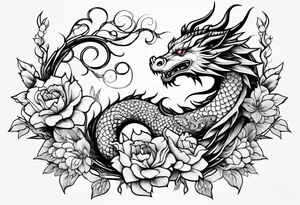 Feminine dragon on forearm with vines and flowers tattoo idea