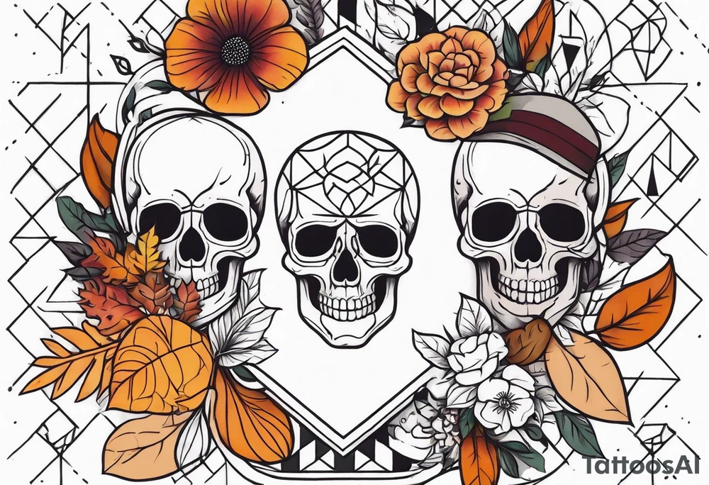 Knee tattoo with fall colors, flowers, skulls and geometric shapes. tattoo idea