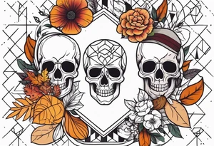 Knee tattoo with fall colors, flowers, skulls and geometric shapes. tattoo idea