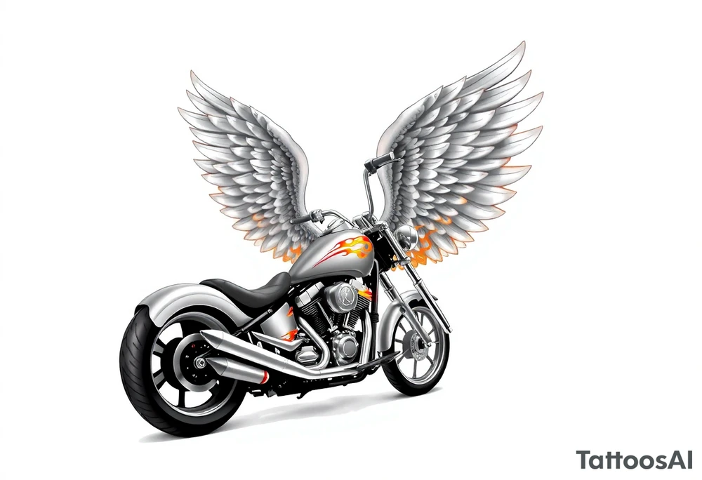 Low rider grey motorcycle, flames, angel wings tattoo idea