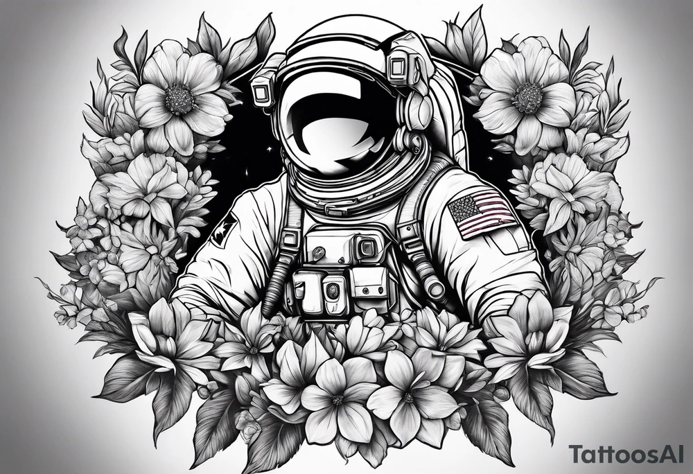 Astronaut laying in flowers tattoo idea