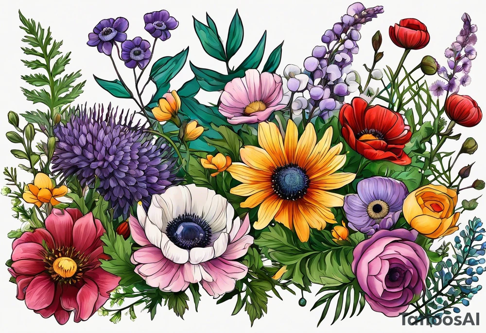 simple wildflowers with thistles, ferns, ranuculus, white anemones, sun flowers, red flowers, pink flowers, purple flowers, buttercups, babys breath, daisies, and greenery all in color tattoo idea