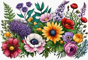 simple wildflowers with thistles, ferns, ranuculus, white anemones, sun flowers, red flowers, pink flowers, purple flowers, buttercups, babys breath, daisies, and greenery all in color tattoo idea