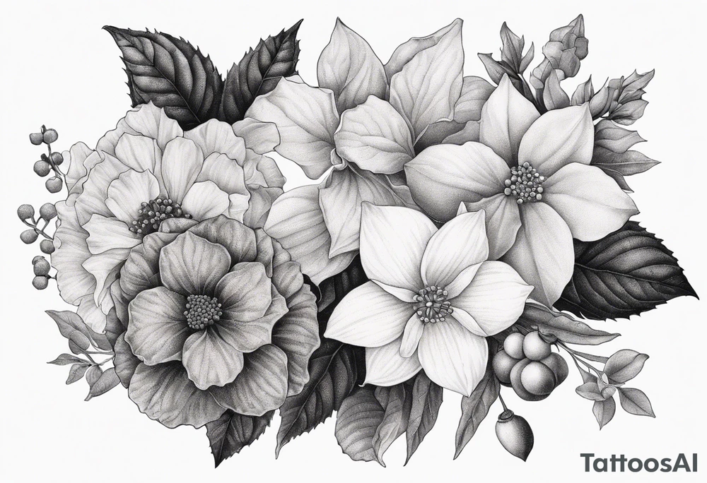 Hydrangea, Narcissus, Poinsettia, Holly, Gladiolus, Poppy, Daisy, Sweet Pea floral bouquet tattoo idea