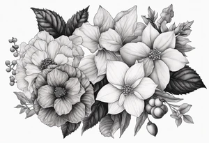 Hydrangea, Narcissus, Poinsettia, Holly, Gladiolus, Poppy, Daisy, Sweet Pea floral bouquet tattoo idea