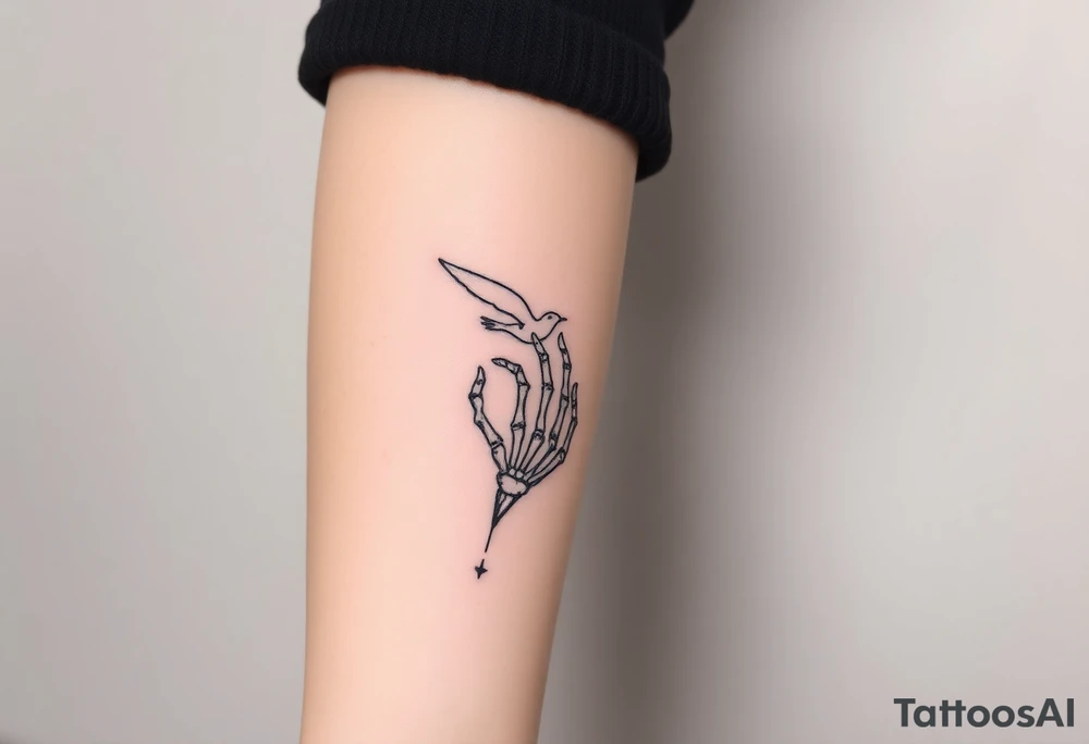 Skeleton hand reaching out of the ocean for a flying swallow tattoo idea