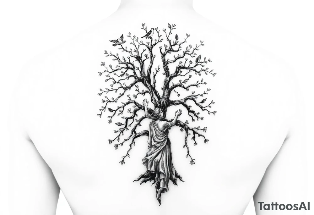 Poison tree with woman and birds and her hands to up into the branches tattoo idea