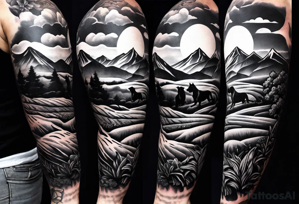 Men’s full arm sleeve. Rolling fields and mountains with 4 Great Dane dogs running in the field tattoo idea