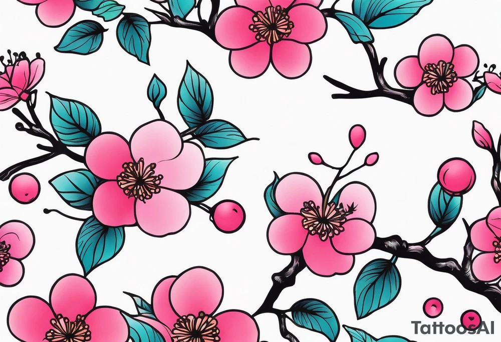 Vibrant, pink plum blossom branches with colorful butterflies tattoo idea