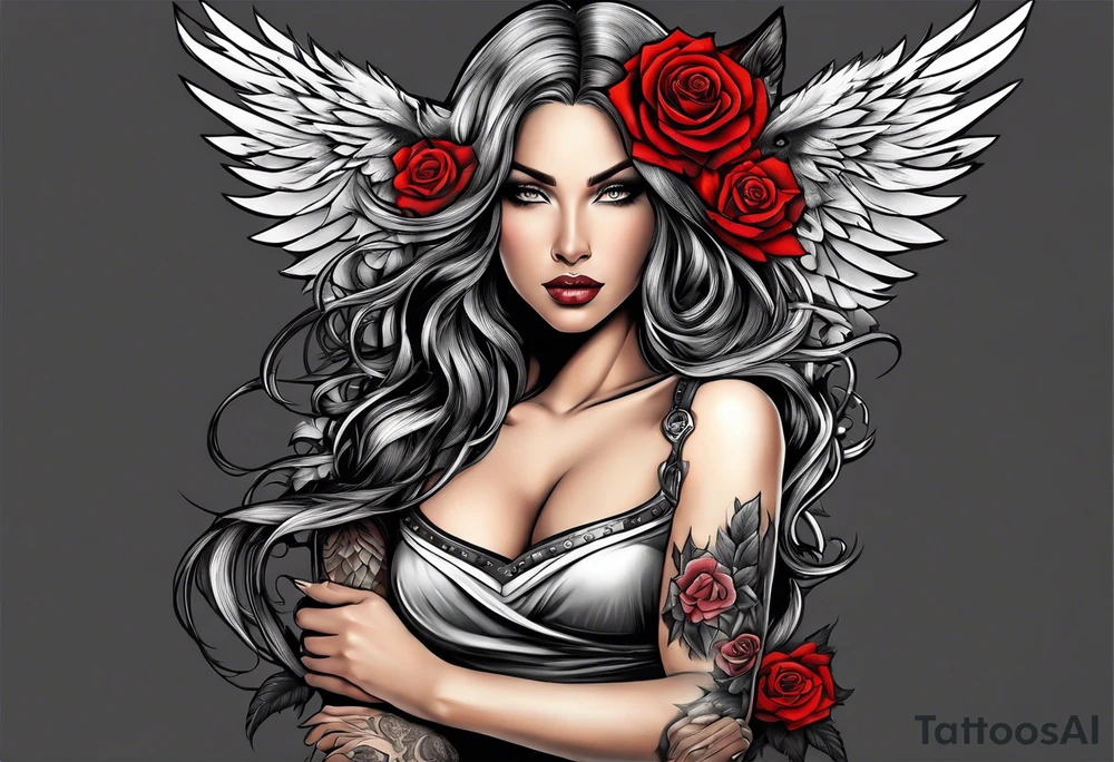 Armored Angel woman with a wolf and a colored rose tattoo idea