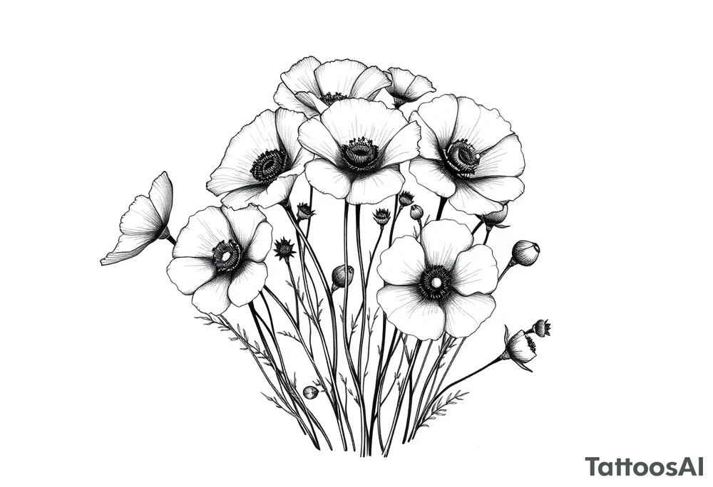 A cluster of wildflowers or poppies, with solid black shadows at the base and lighter stippling toward the petals. Some flowers can be in full bloom while others start to wilt or fall apart, symbolizing the passage of time. tattoo idea