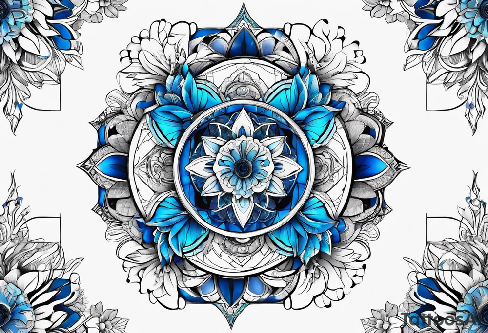 Linear bionic metatron , with abstract floral patern in blue linear design tattoo idea