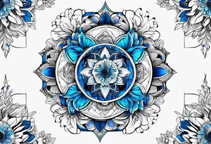 Linear bionic metatron , with abstract floral patern in blue linear design tattoo idea