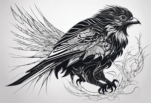 Minimalistic design Cyberpunk Quetzal that has cybernetic neurons coming from the bottom. tattoo idea