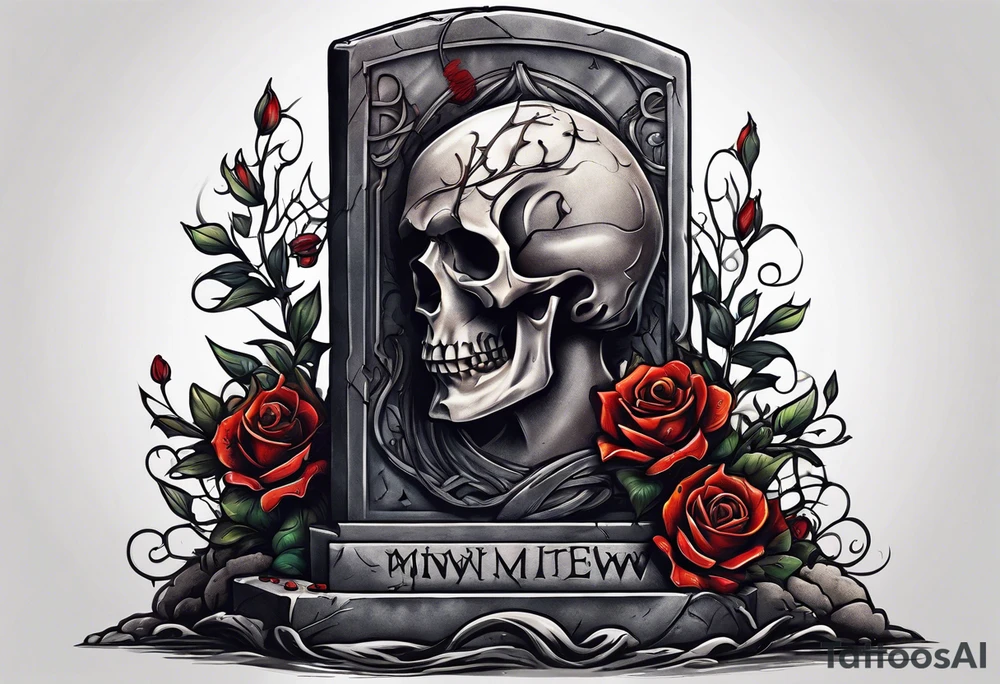 Arm emerging from grave, MIW Reincarnate written on gravestone tattoo idea
