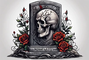 Arm emerging from grave, MIW Reincarnate written on gravestone tattoo idea