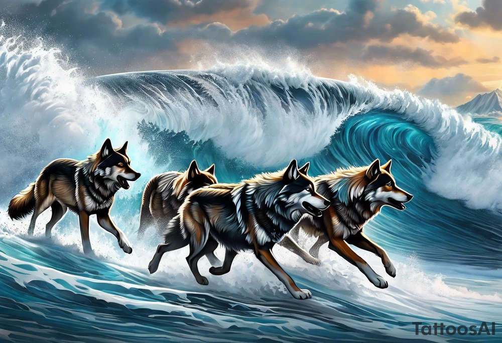 a pack muscular of gray wolves surfing tattoo idea