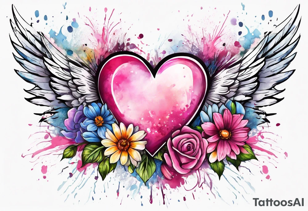 Flowers around a heart with angel wings with pink splatter water color background tattoo idea