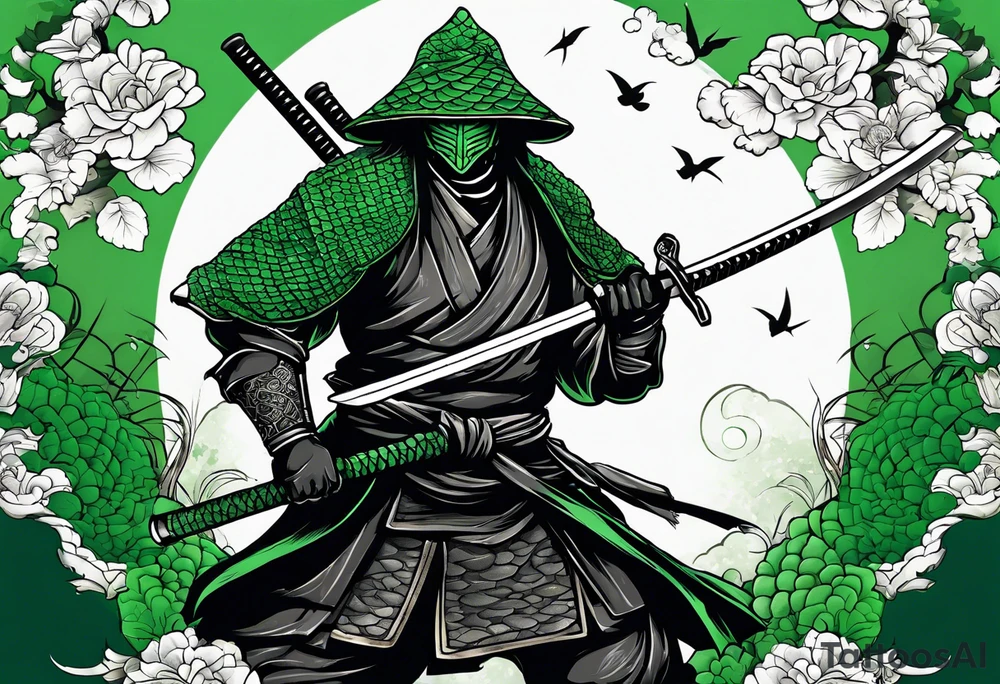 Ronin with drawn Katana in front of green dragon scale background tattoo idea