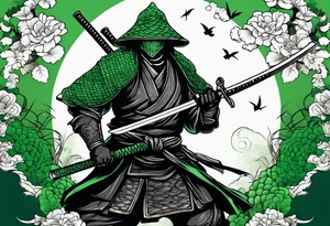 Ronin with drawn Katana in front of green dragon scale background tattoo idea
