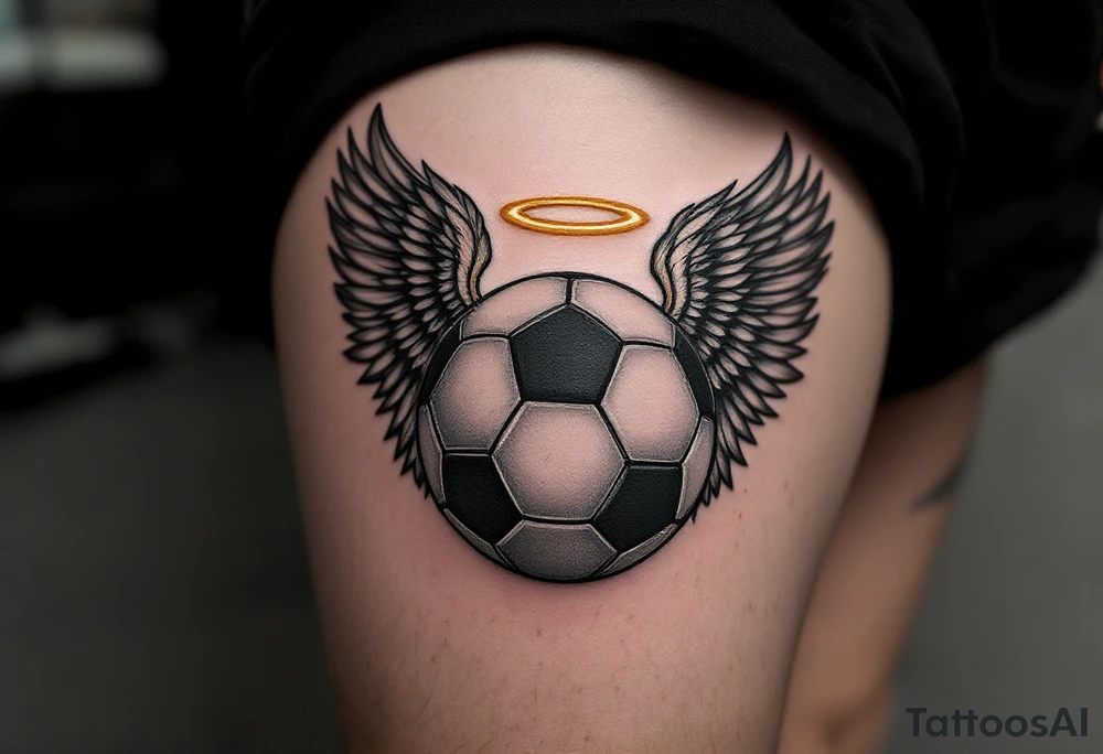 A black and gray soccer ball with angel wings and a golden halo above. tattoo idea