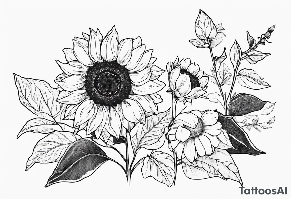 Sunflower, friendship, growth, strawberry wine, delicate, wildflowers tattoo idea