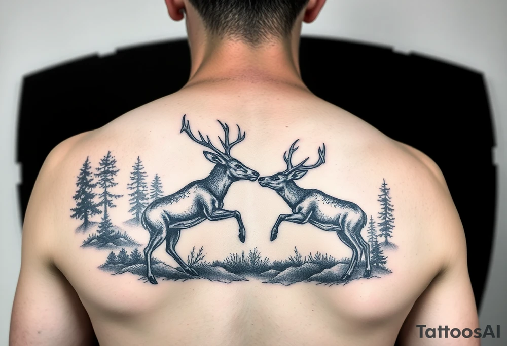 Photo realistic Vertical aligned nature scene with two deer fighting. Heavy detail in the back ground. This is going on a fire arm

This ai sucks tattoo idea