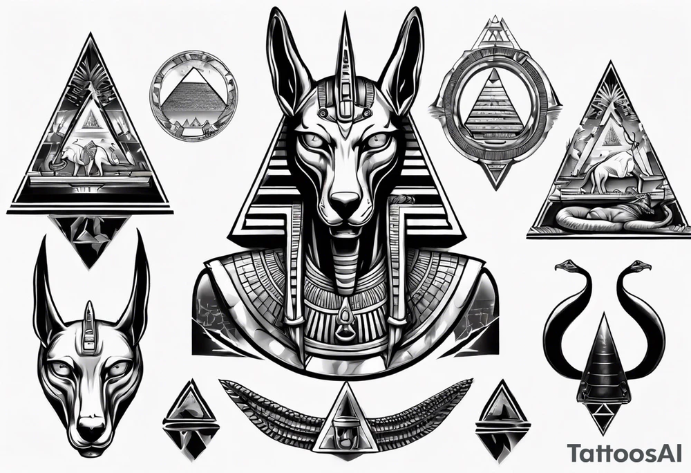 Egyptian god Anubis' head with a cobra snake with pyramids tattoo idea