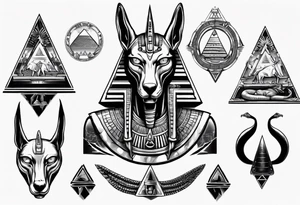 Egyptian god Anubis' head with a cobra snake with pyramids tattoo idea