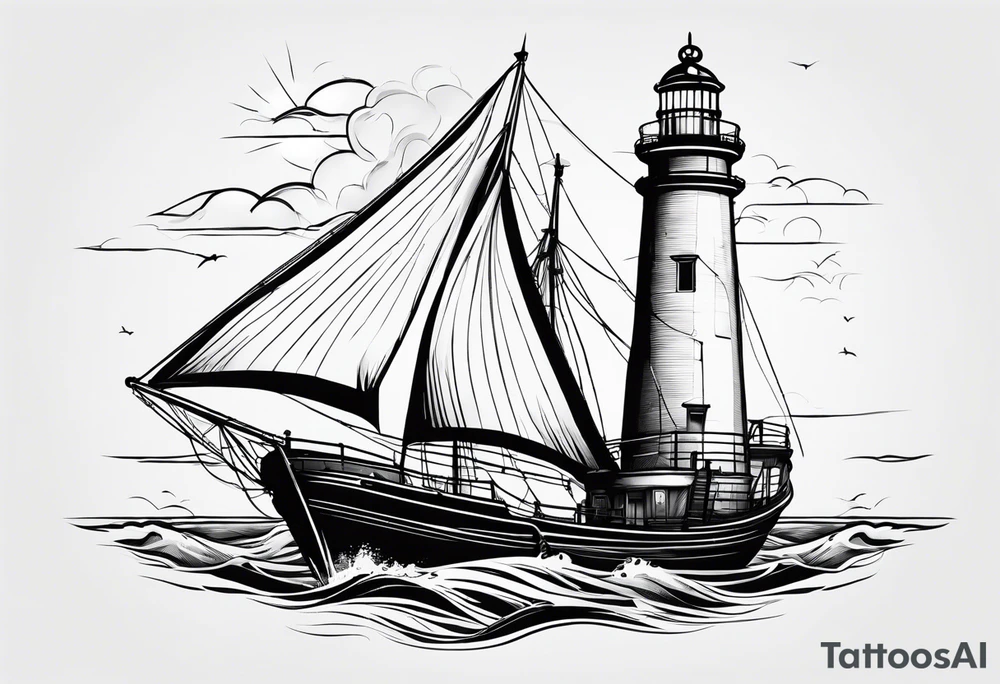 phare maritime dans un bateau a voiles. tattoo idea